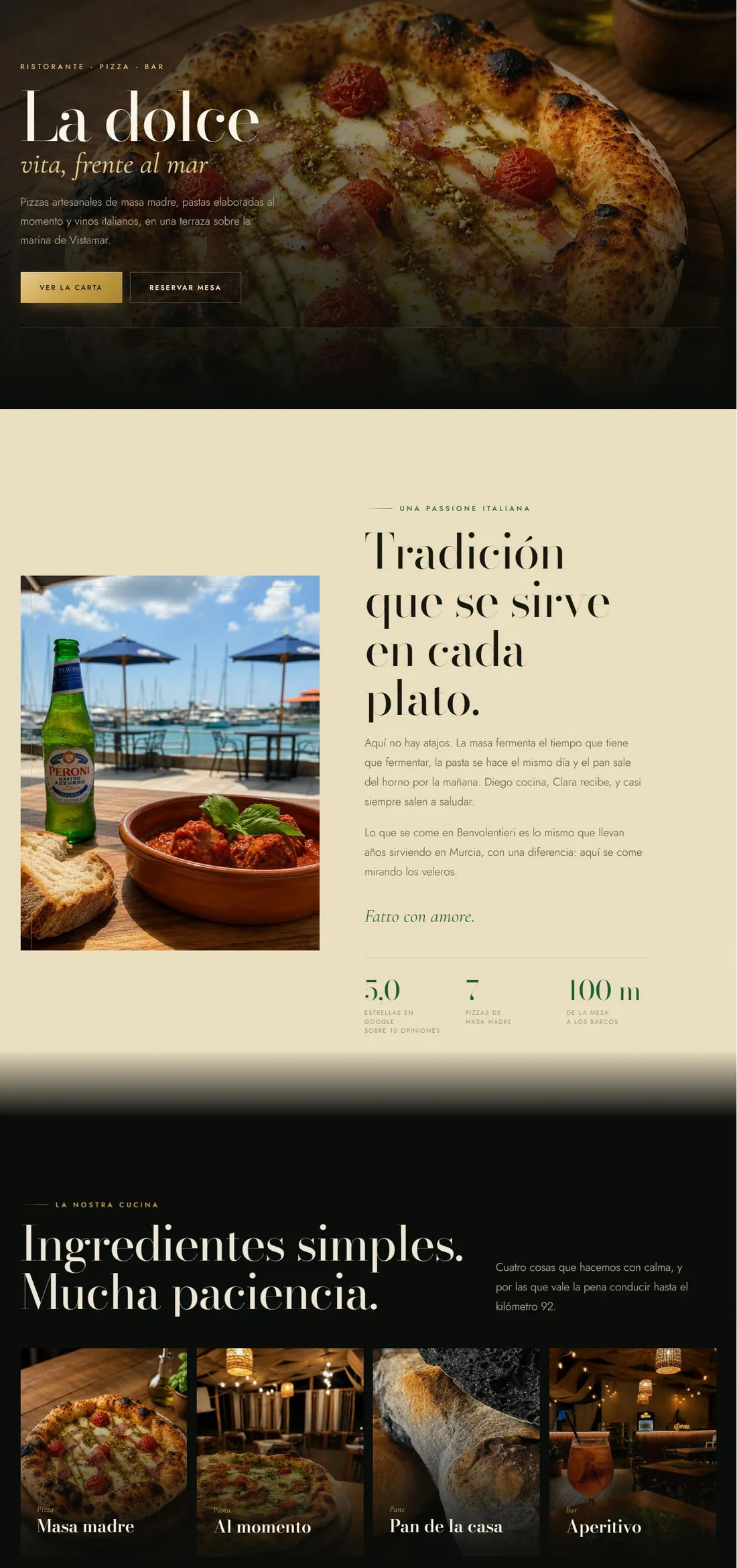 Sitio web de Benvolentieri, ristorante y pizza bar en Vista Mar Marina, San Carlos