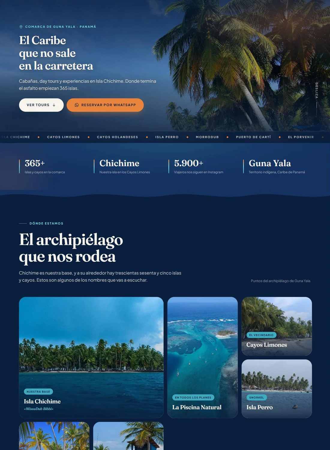 Sitio web de WissuDubTours, cabañas y tours en Isla Chichime